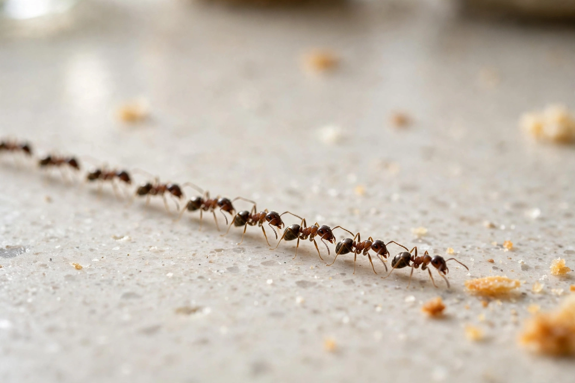 Argentine ants trailing in a line across a kitchen counter toward food crumbs